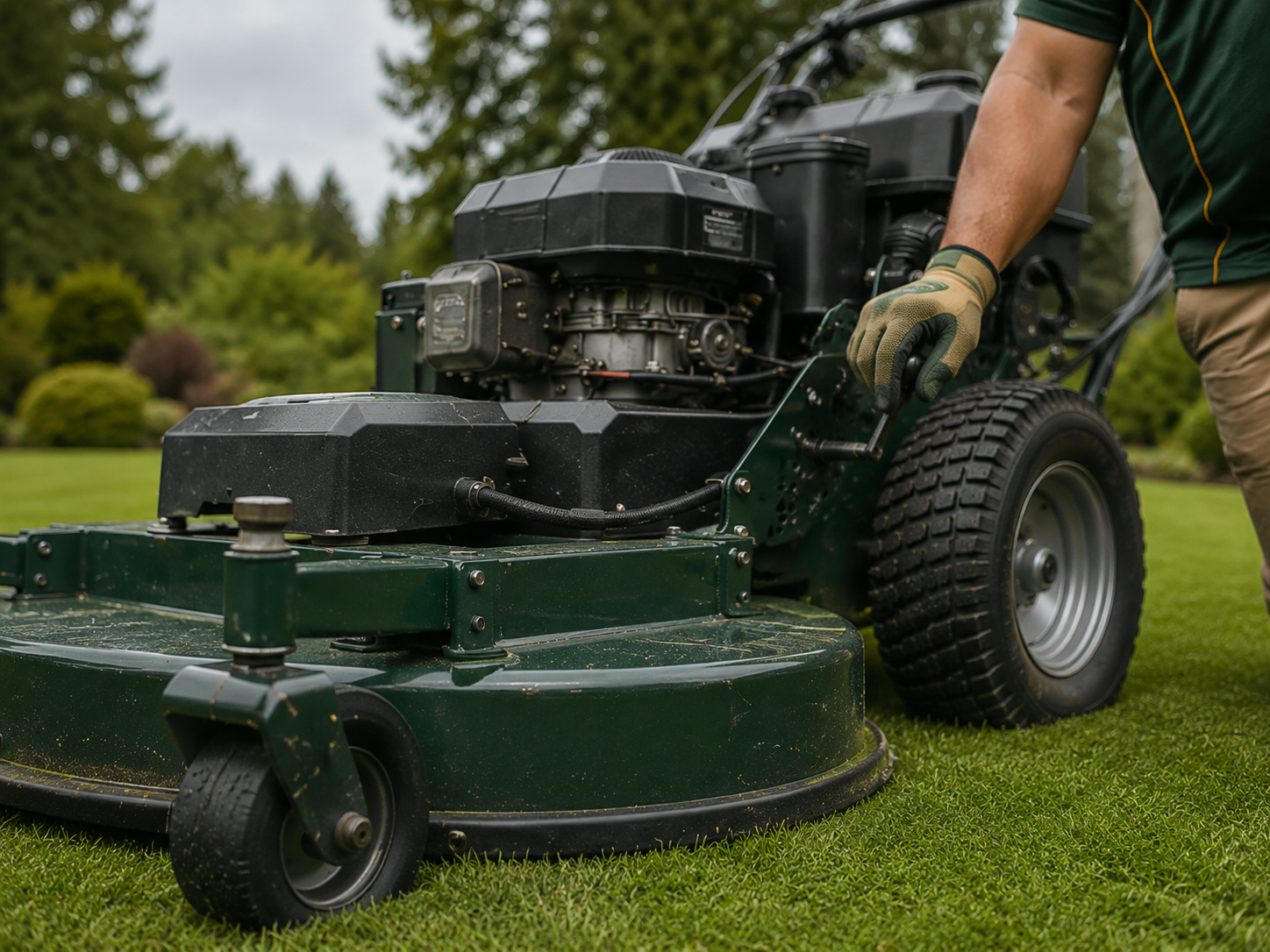 Close-up of a professional walk-behind mower on a manicured lawn