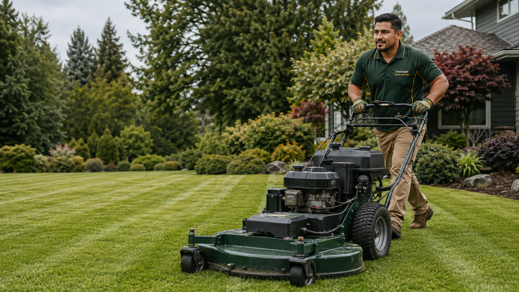Landscaping crew member mowing a perfectly manicured lawn with sharp mowing stripes