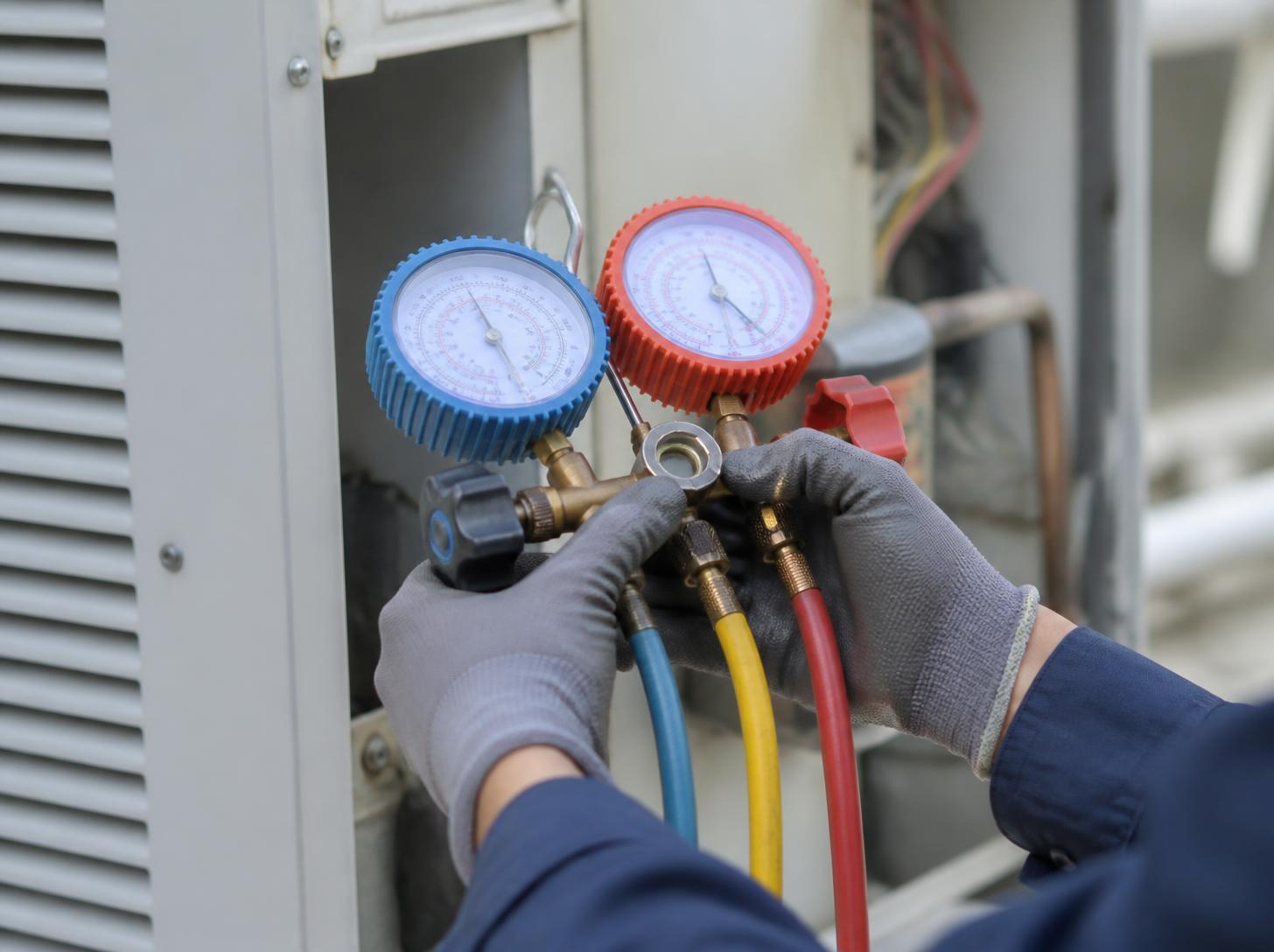 Close-up of an HVAC technician checking refrigerant pressure gauges