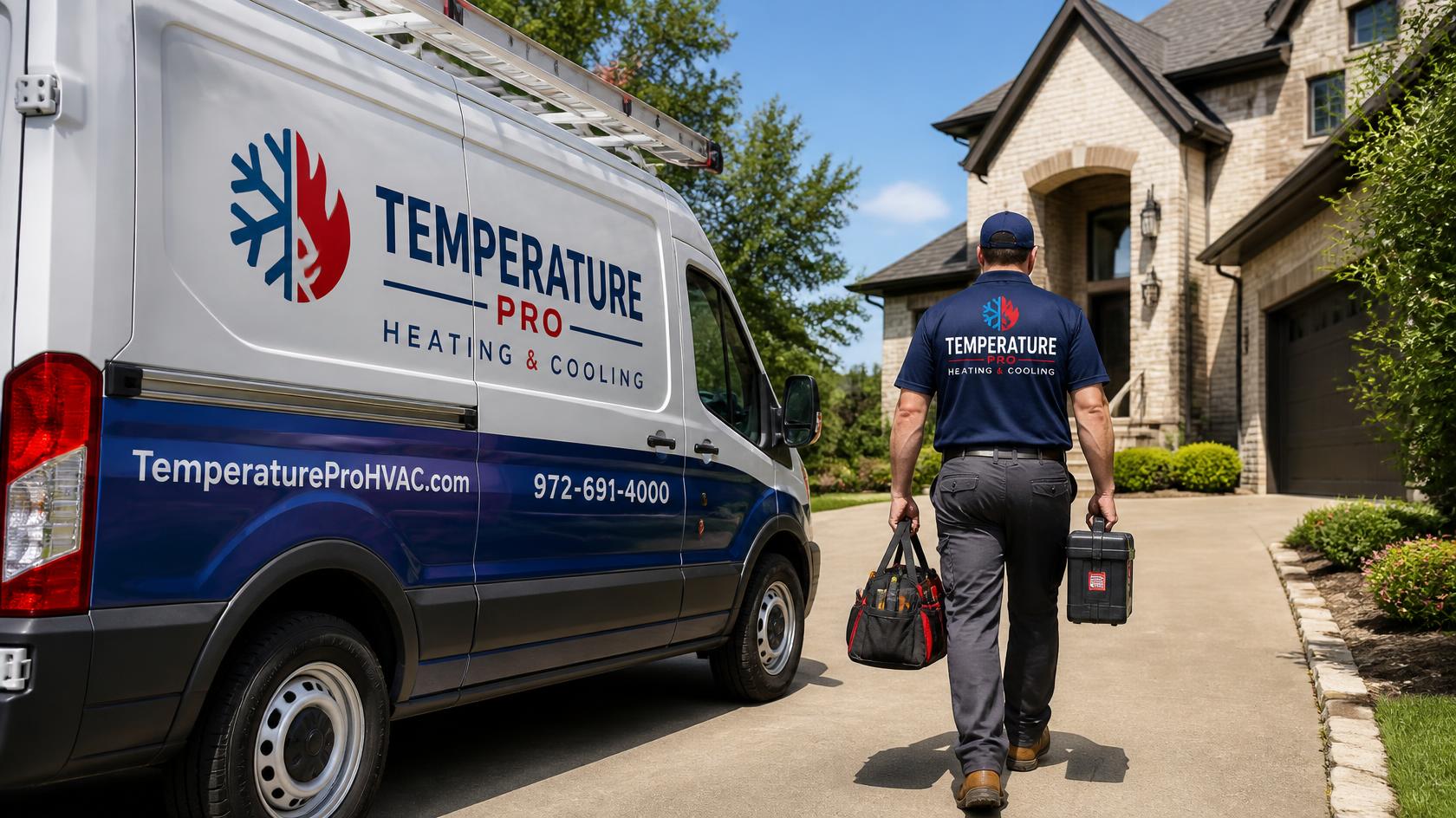 HVAC service van parked in a residential driveway with a technician carrying tools to the door