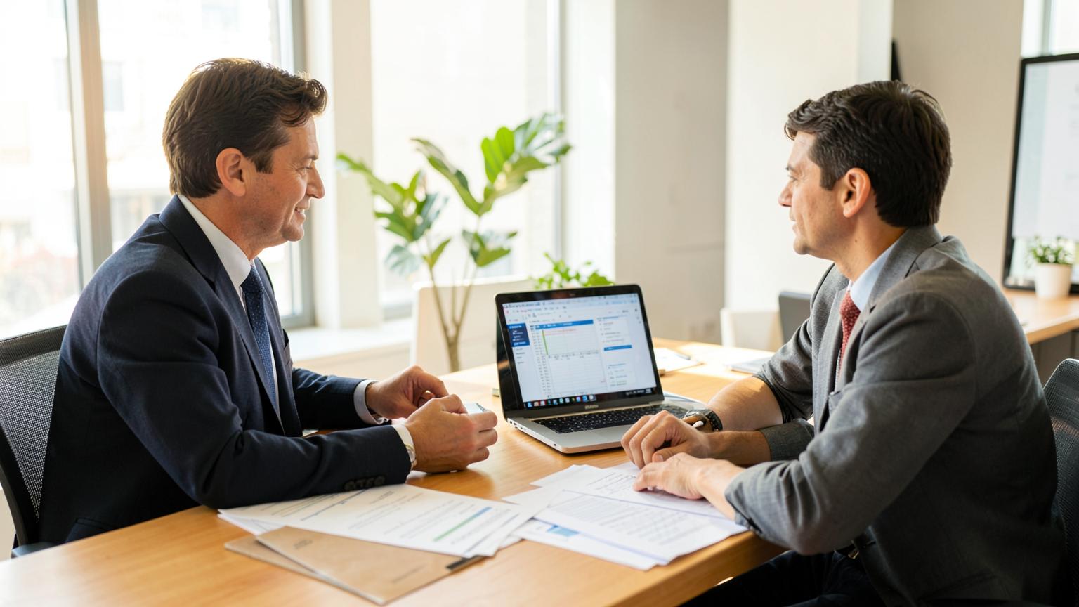 Accountant reviewing financials with a business owner in a bright office
