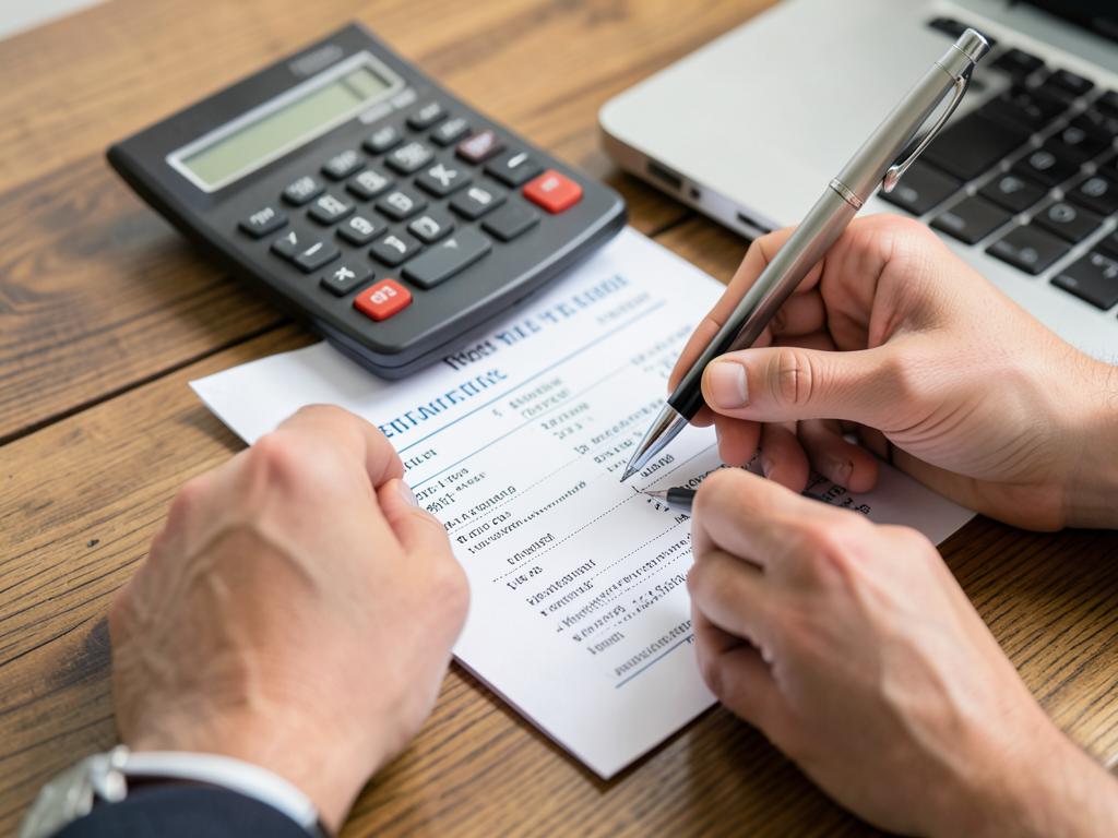Hands reviewing a financial statement with a calculator