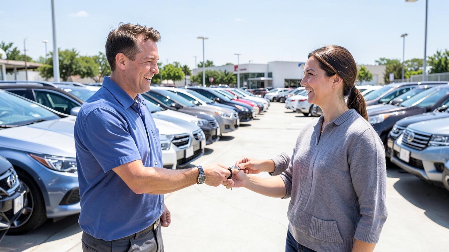 Salesperson handing keys to a happy customer on a dealership lot