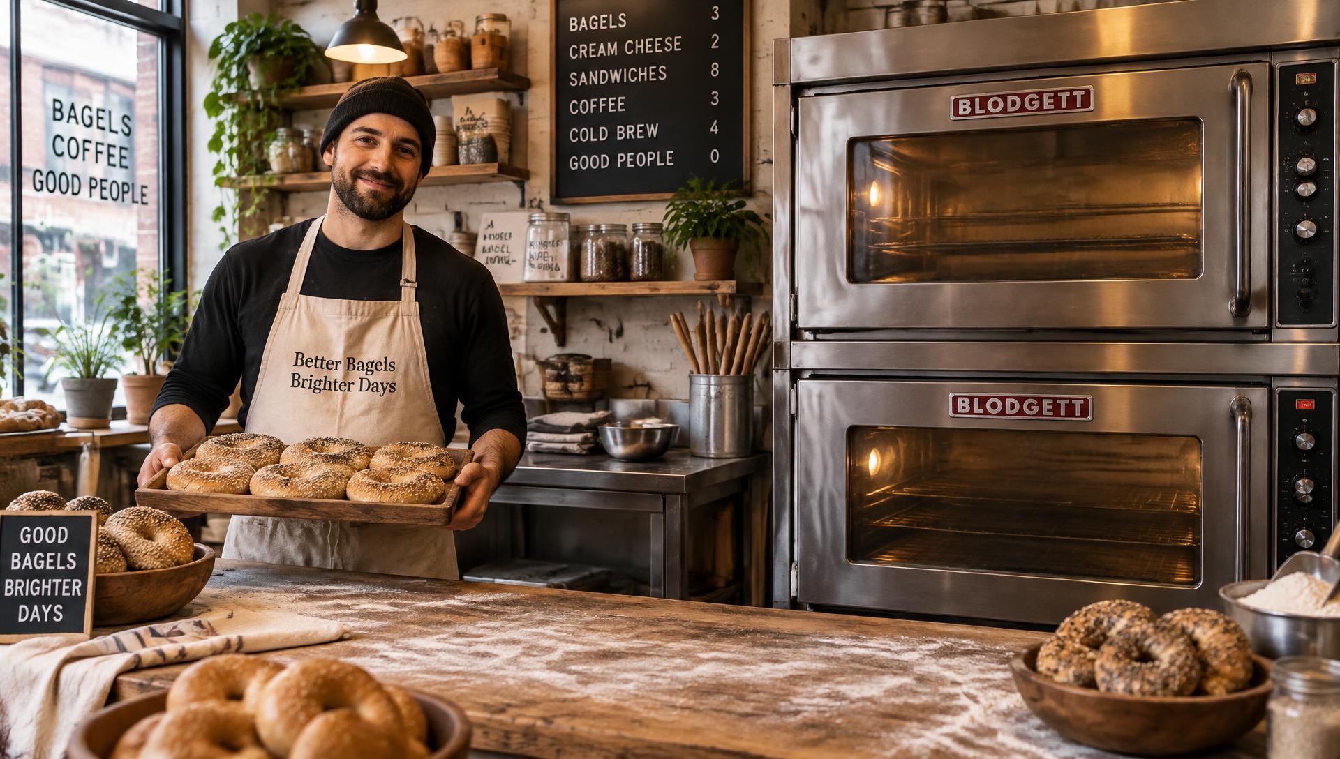 Baker pulling a tray of fresh sesame bagels from the oven at a neighborhood bagel shop