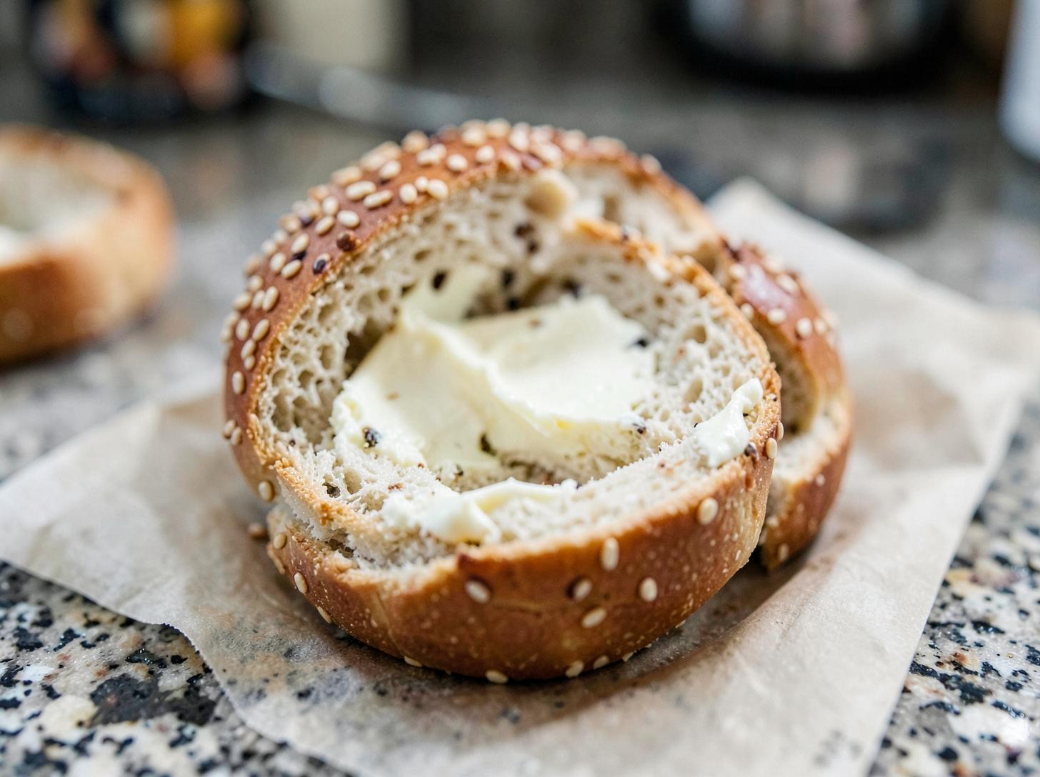 Close-up of a sliced sesame bagel with cream cheese on parchment paper