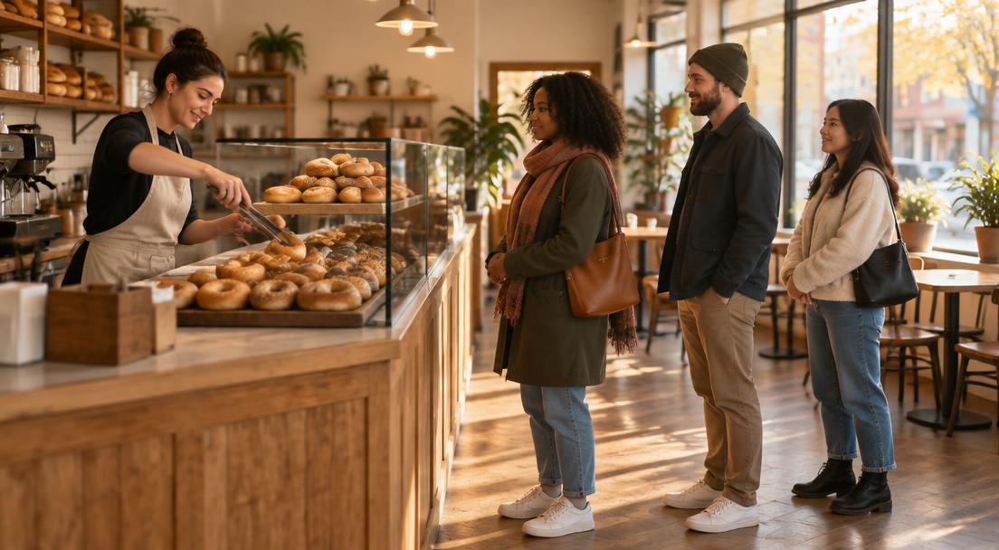 Morning line of customers at a bagel shop counter with full display cases