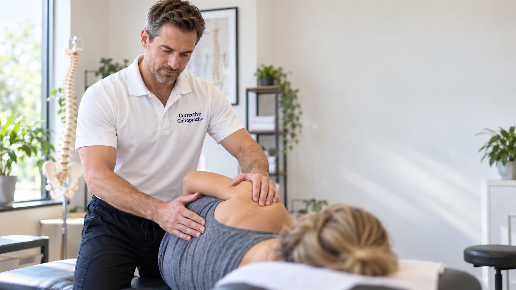 Chiropractor treating a patient on an adjustment table in a bright modern clinic