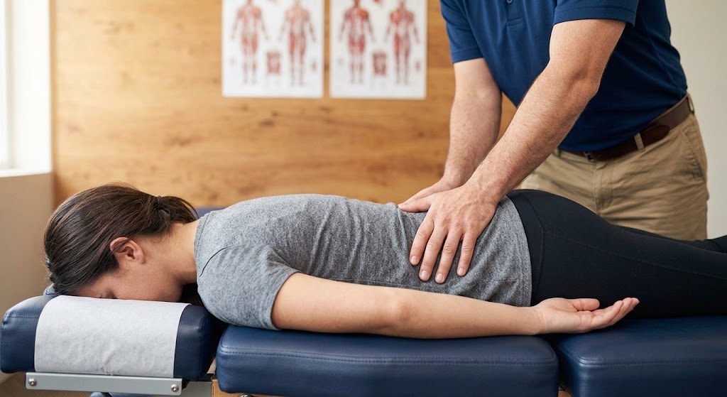 Chiropractor performing hands-on manual therapy on a patient lying face down on a treatment table