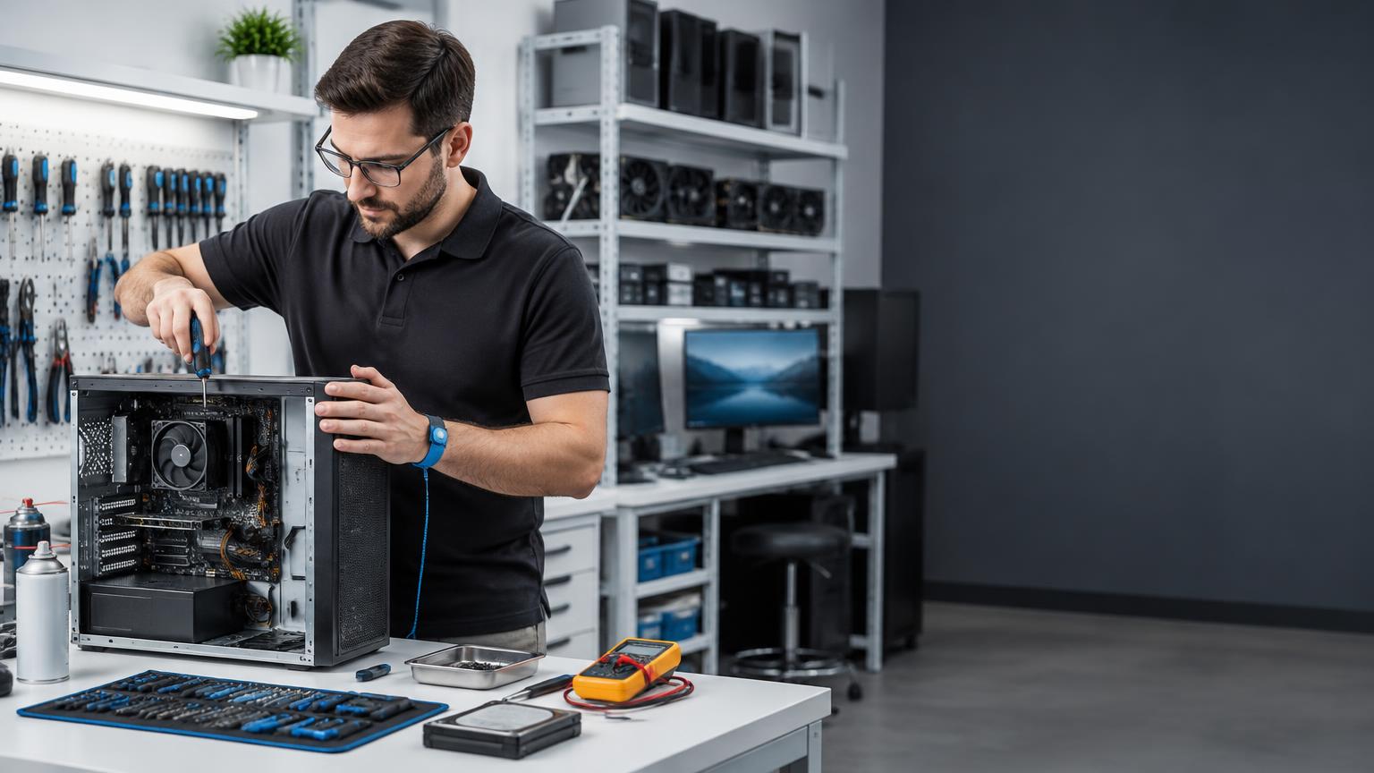 Computer technician repairing a desktop computer in a clean modern service center