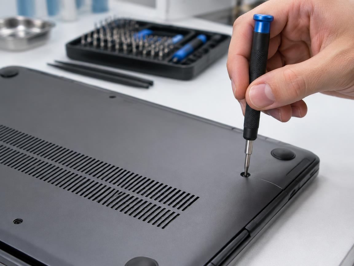 Technician using a precision screwdriver to open the bottom cover of a laptop