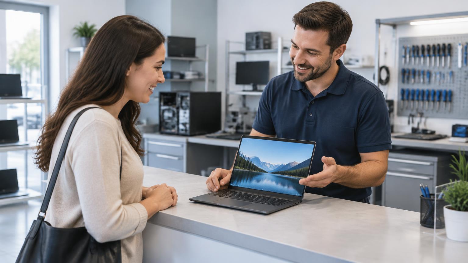 Computer repair technician showing a repaired laptop to a customer at the service counter