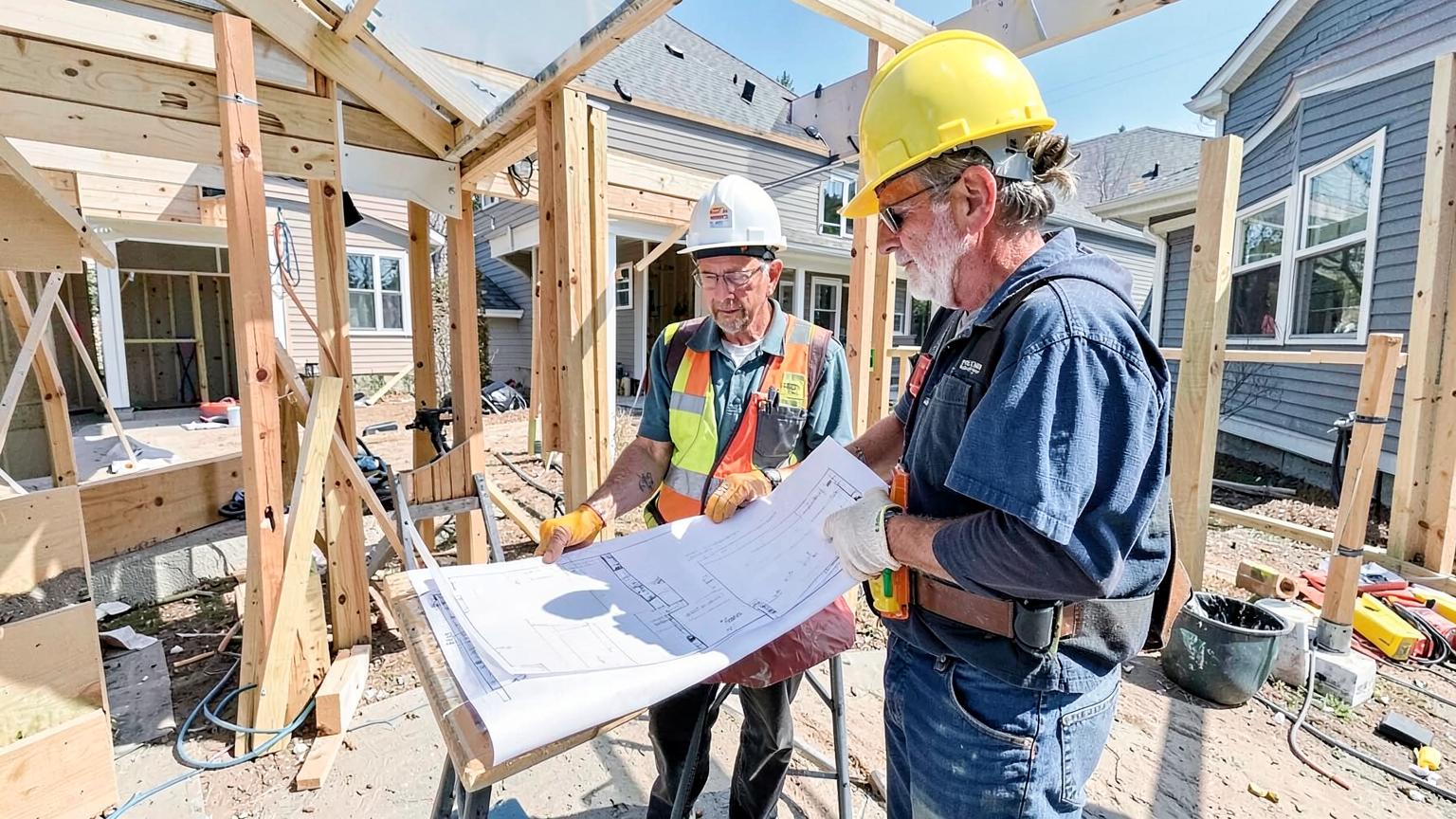Contractor reviewing plans with a homeowner at a remodel jobsite
