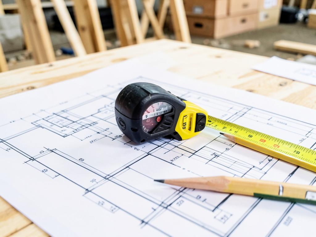 Blueprints with a tape measure and pencil