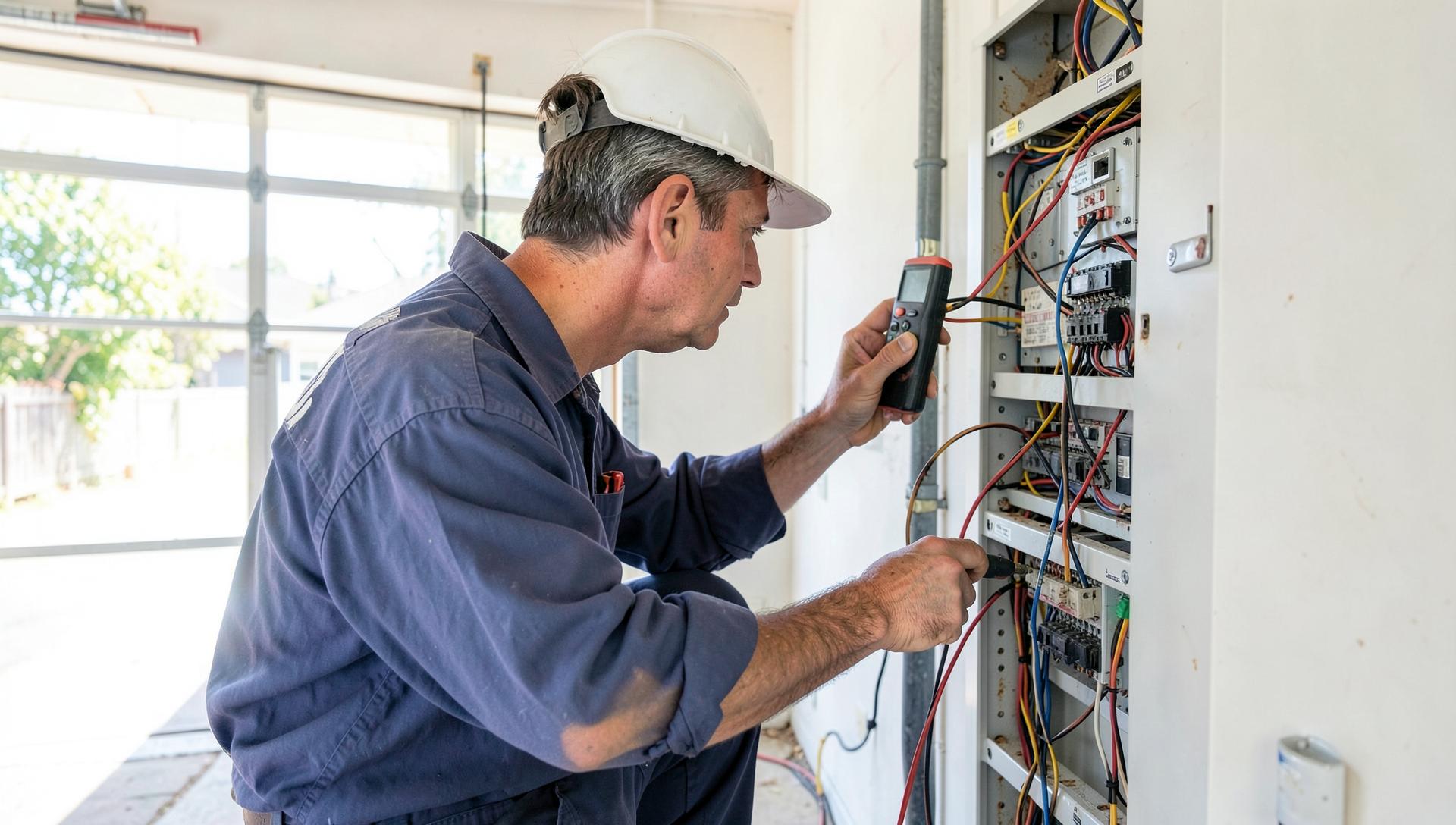 Electrician testing wiring inside a residential electrical panel