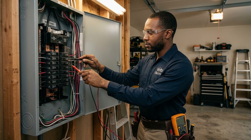 Electrician testing circuit breakers inside a residential electrical panel with a multimeter