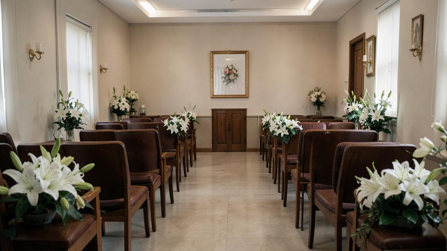Quiet funeral home chapel with chairs and white lily arrangements