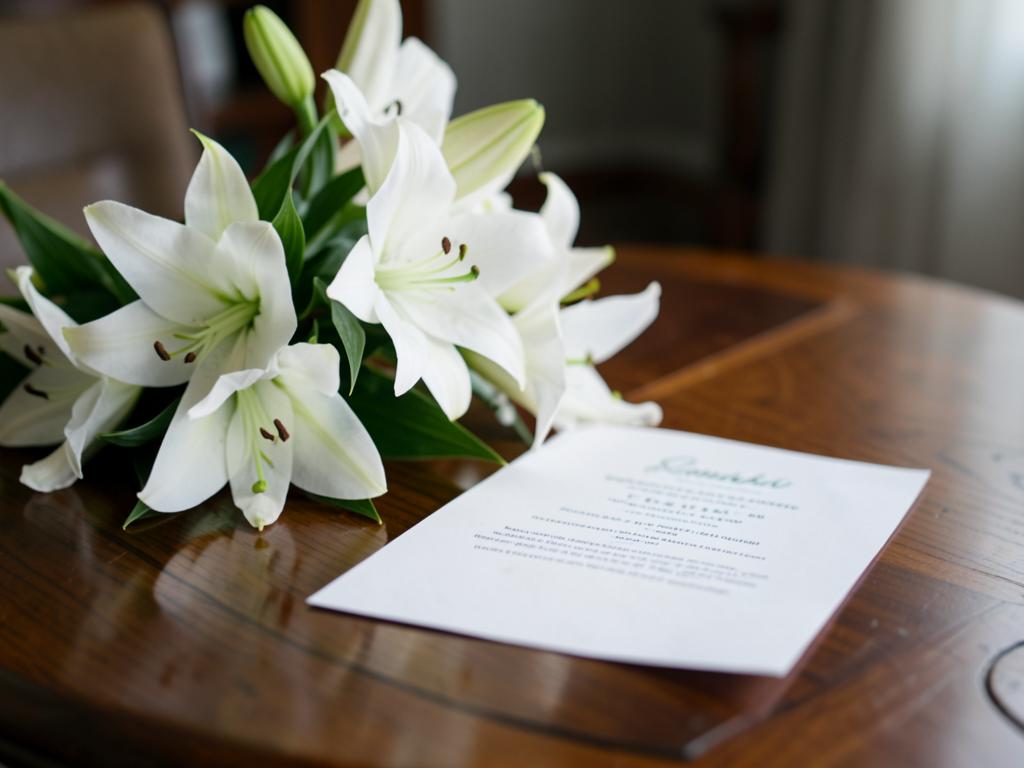 White lilies beside a memorial program on a wooden table