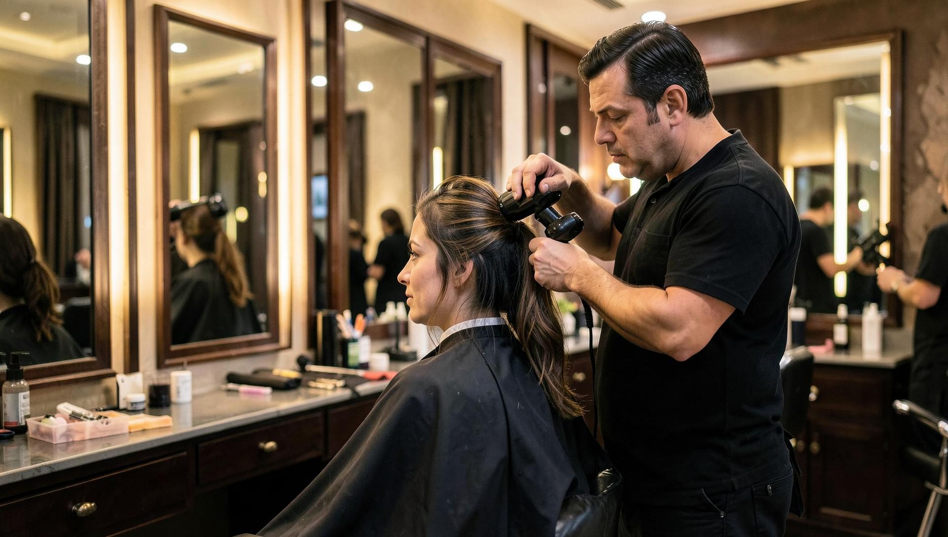 Hair stylist styling a client's hair in an upscale salon