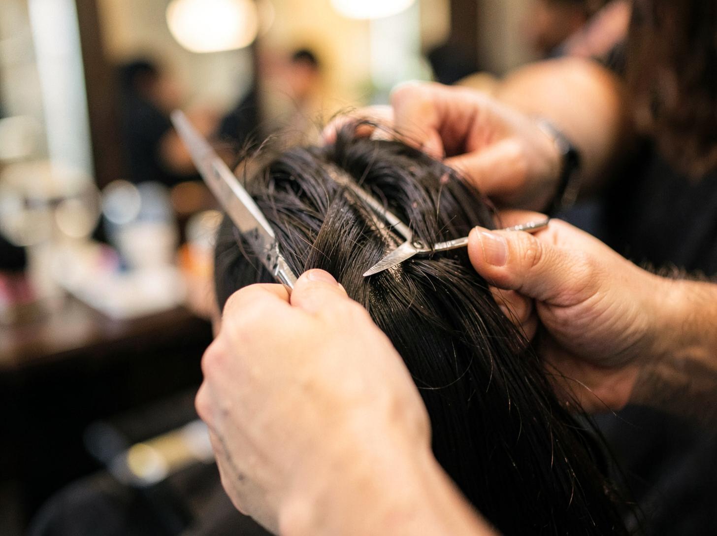 Close-up of a stylist's hands cutting a section of hair with shears