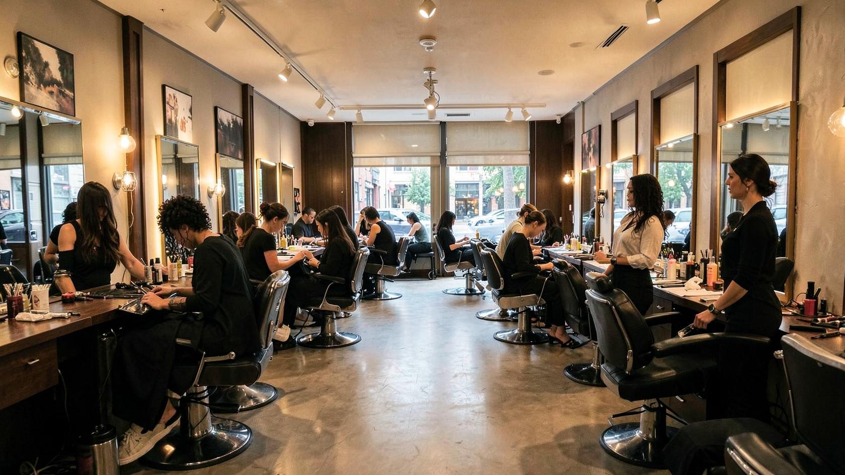 Interior of a busy upscale hair salon with stylists working at multiple chairs