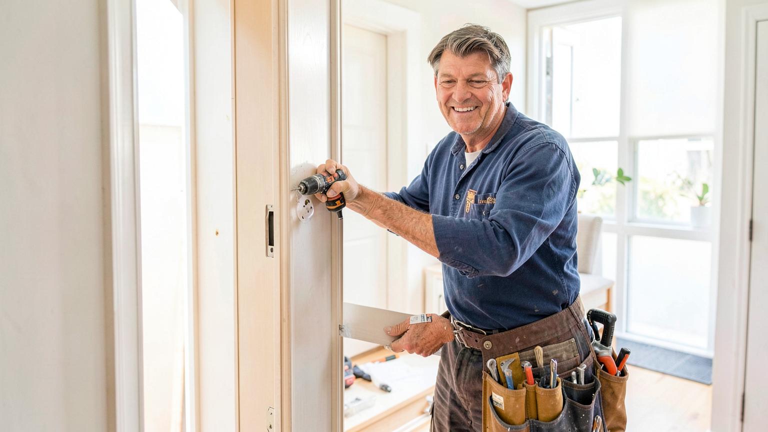 Handyman with a tool belt repairing a door inside a bright home