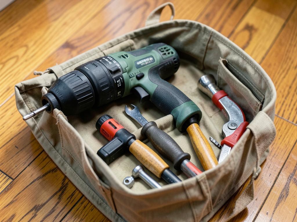 Cordless drill and hand tools in an open tool bag