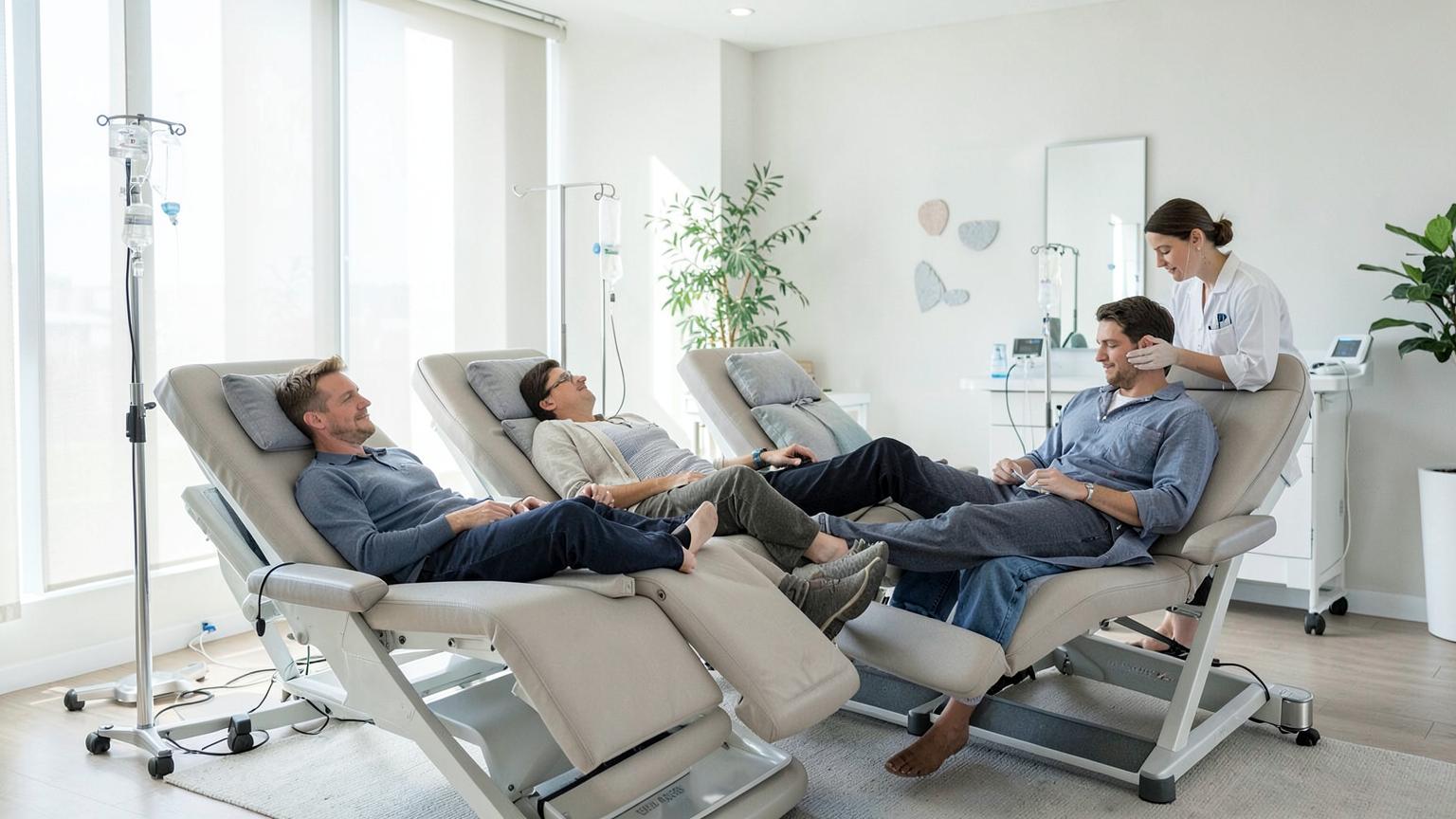 IV hydration lounge with recliners and drip stands