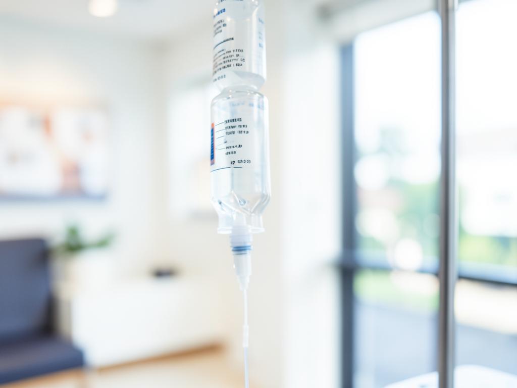 IV drip bag hanging in a bright clinic