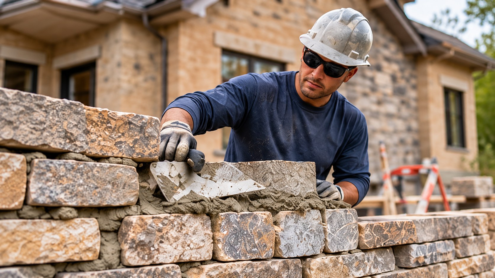 Mason laying a stone wall with a trowel at a residential construction site