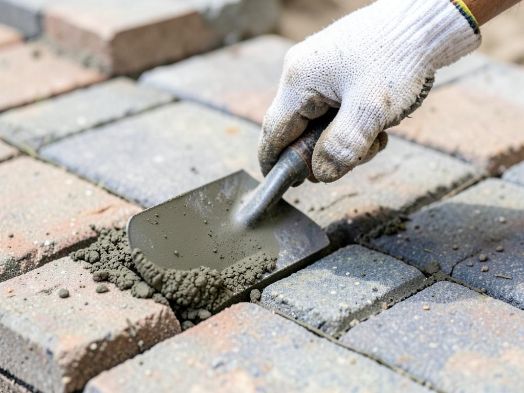 Close-up of a trowel spreading mortar between pavers