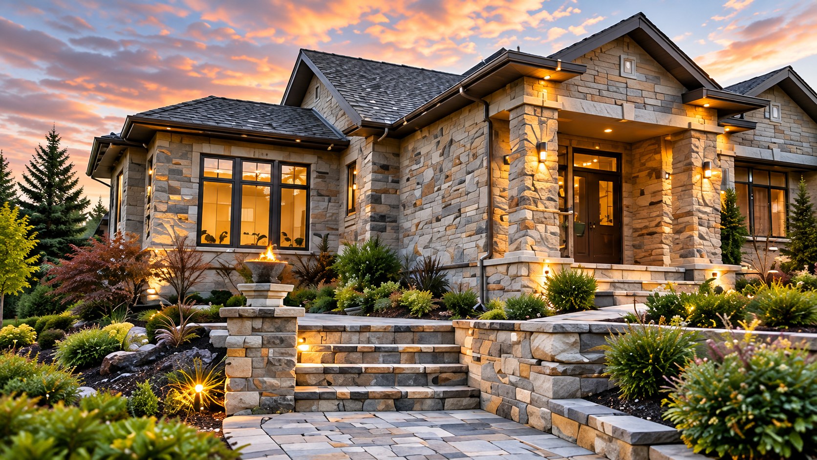 Luxury home with a multi-textured stone facade at dusk, lit entryway and stone walkway