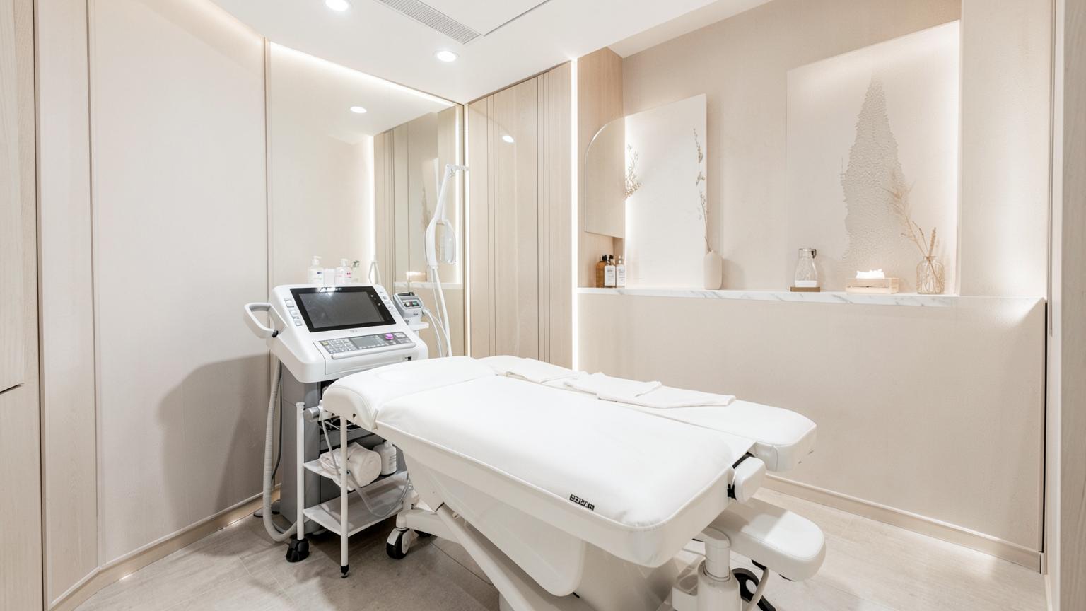 Modern med spa treatment room with aesthetic device and treatment bed