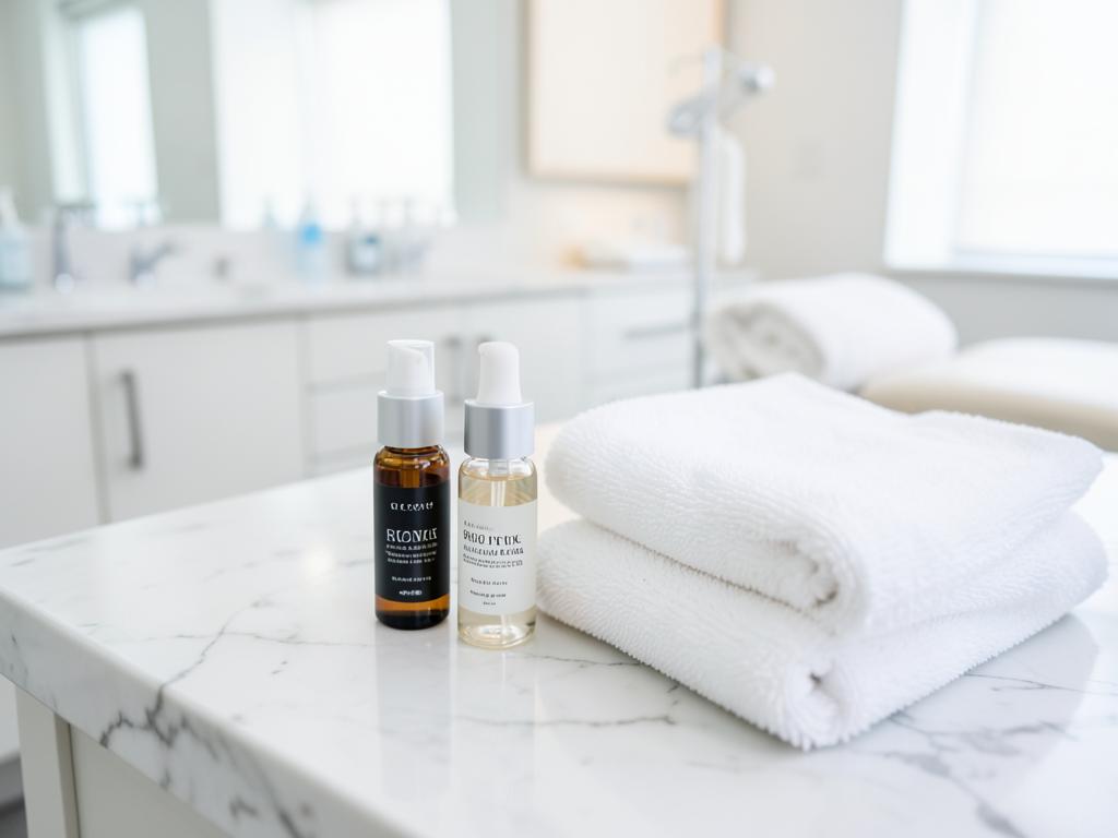Skincare serums and white towels on a marble counter