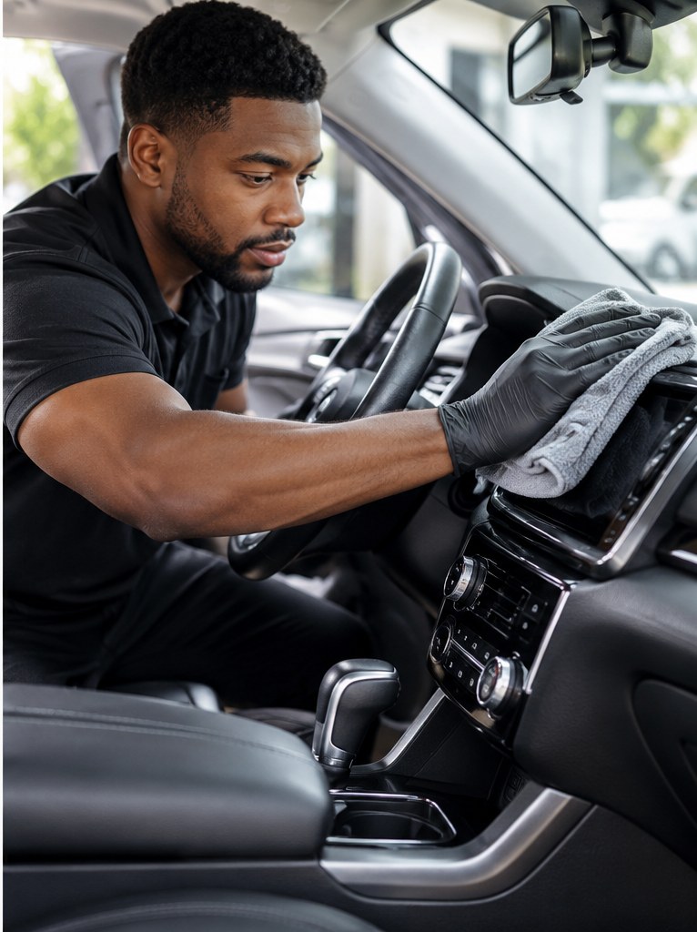 Mobile detailer cleaning a car's interior dashboard with a microfiber cloth