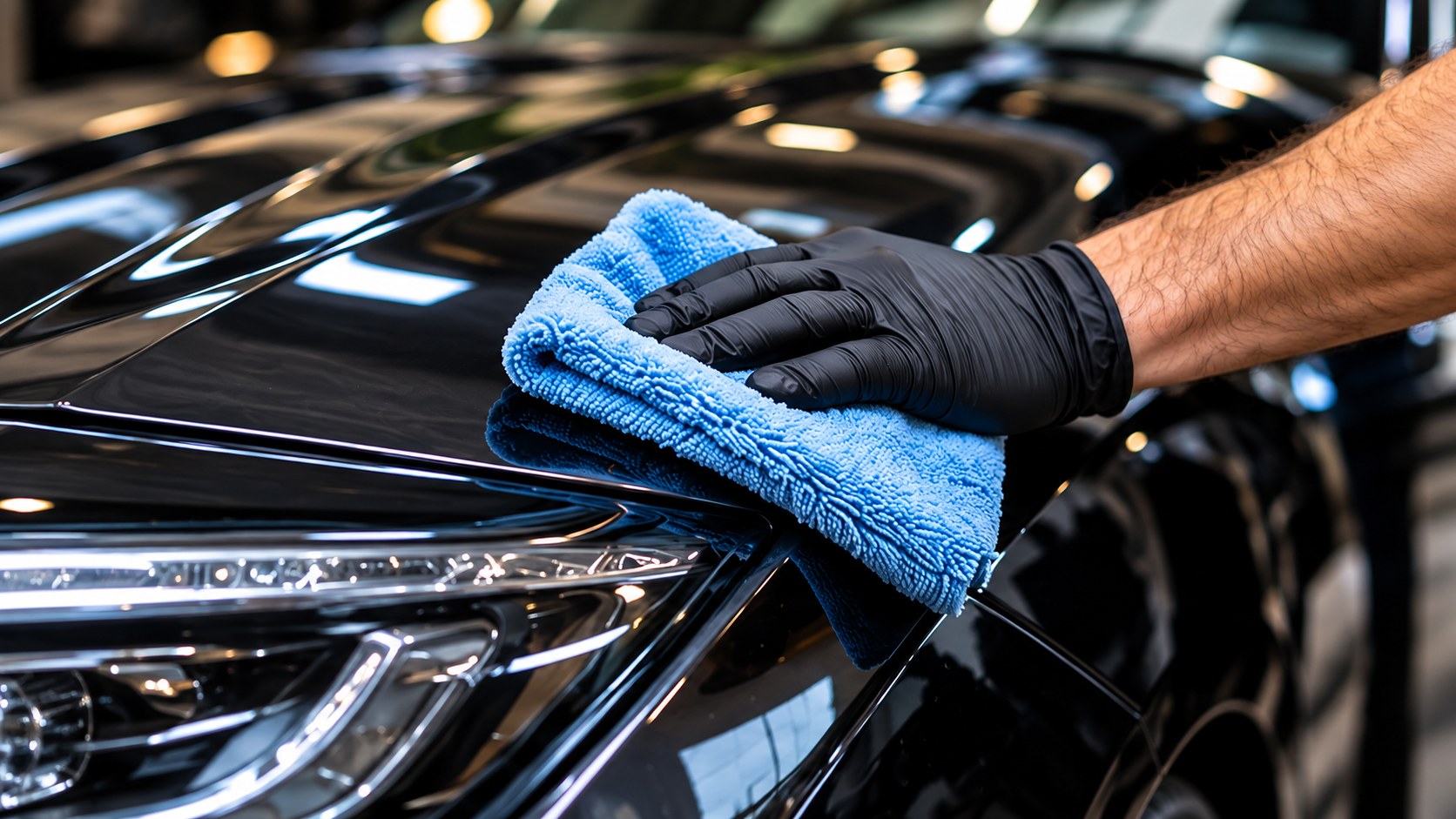 Close-up of a gloved hand buffing a shiny car hood with a blue microfiber cloth