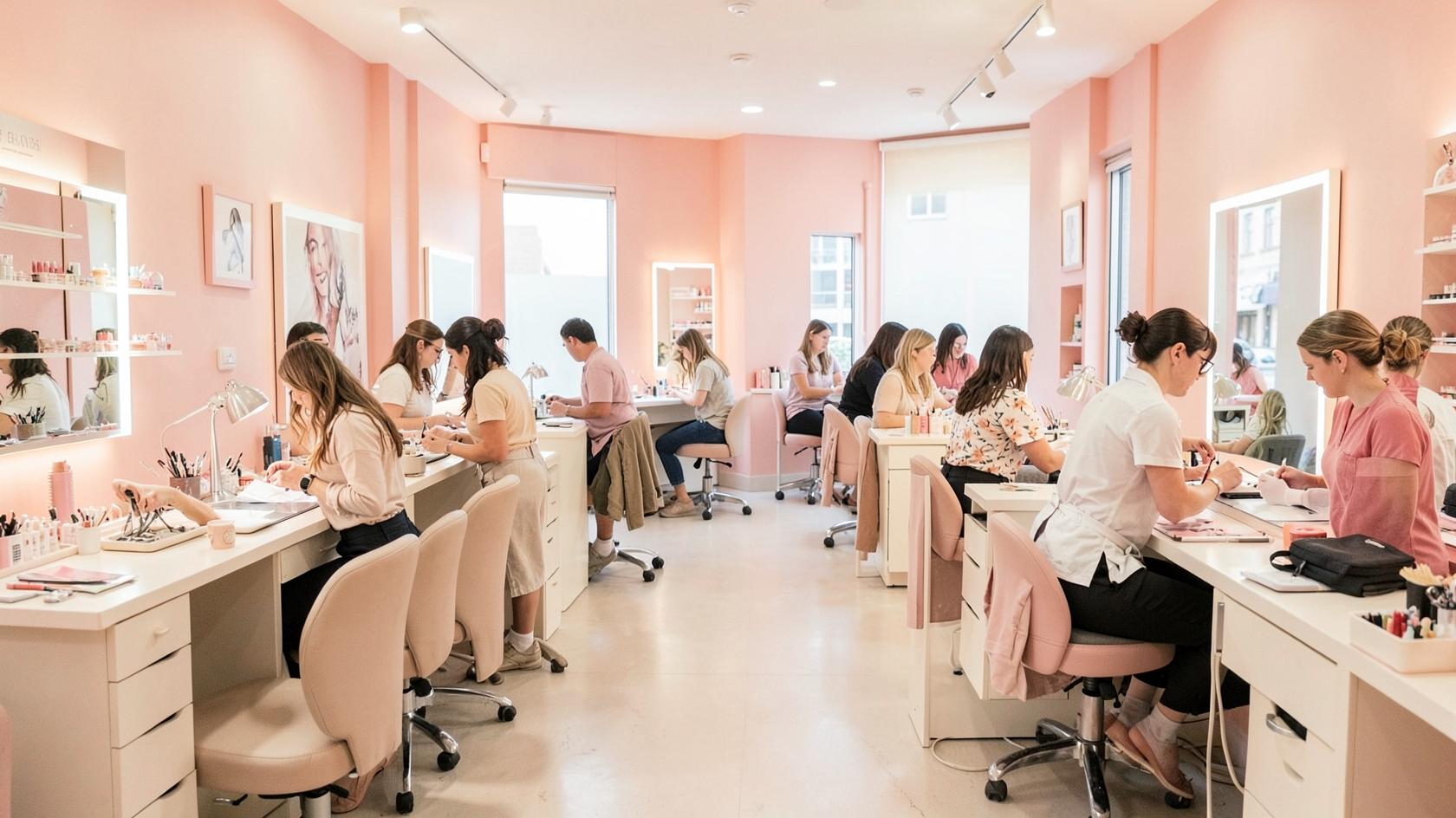 Interior of a busy modern nail salon with a row of manicure stations