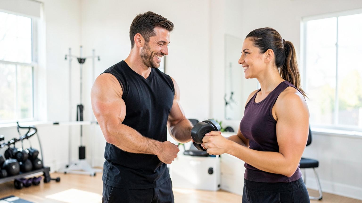Personal trainer coaching a client with dumbbells in a private studio