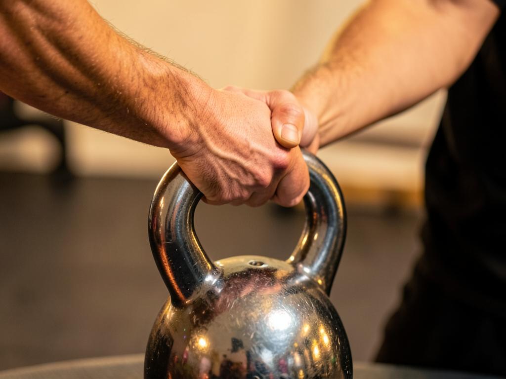 Close-up of hands on a kettlebell handle