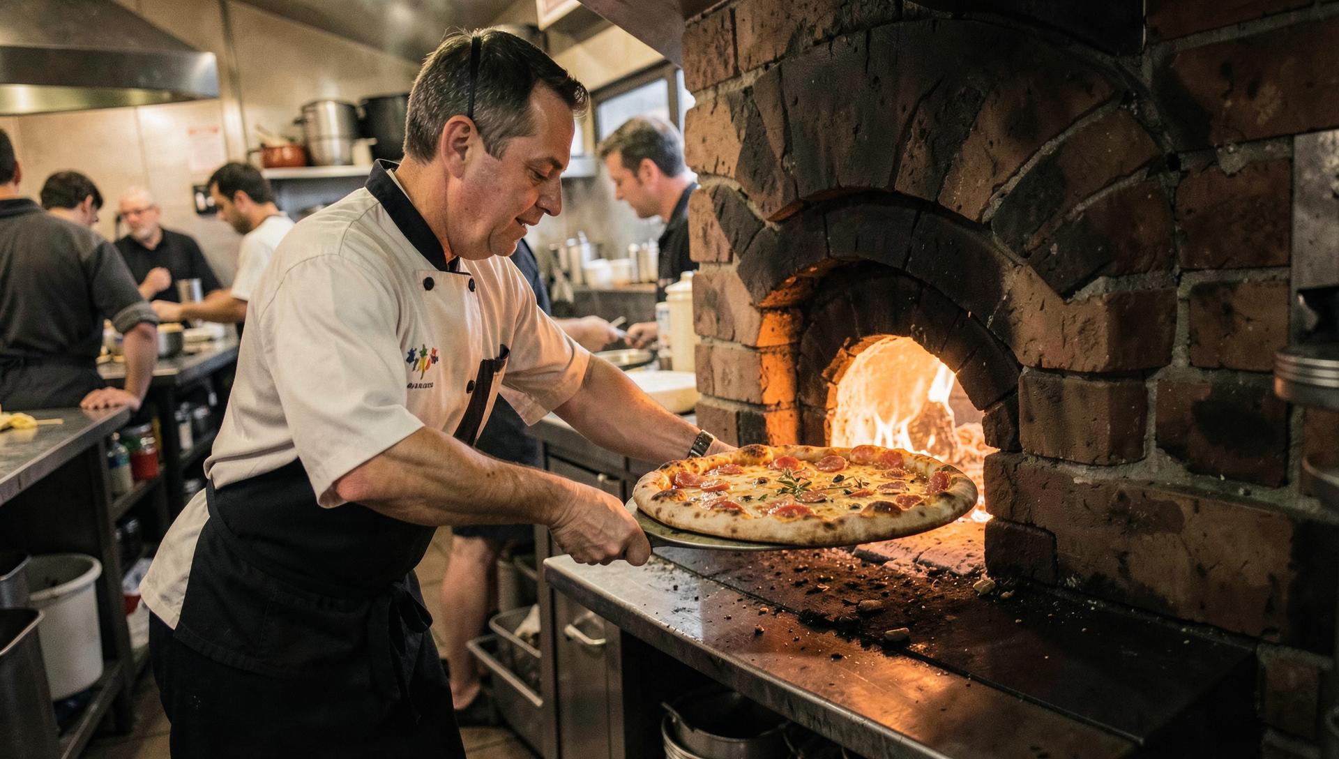 Pizzaiolo sliding a fresh pizza into a wood-fired brick oven