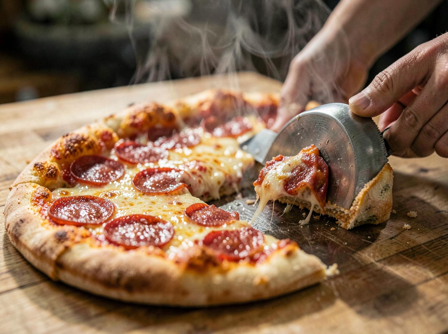 Close-up of a fresh pepperoni pizza being sliced with a pizza wheel
