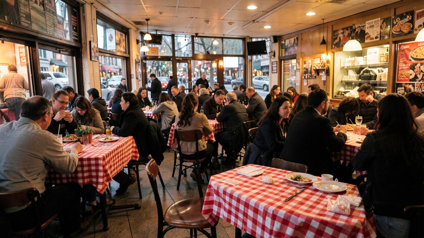 Busy neighborhood pizzeria dining room with red checkered tables and customers