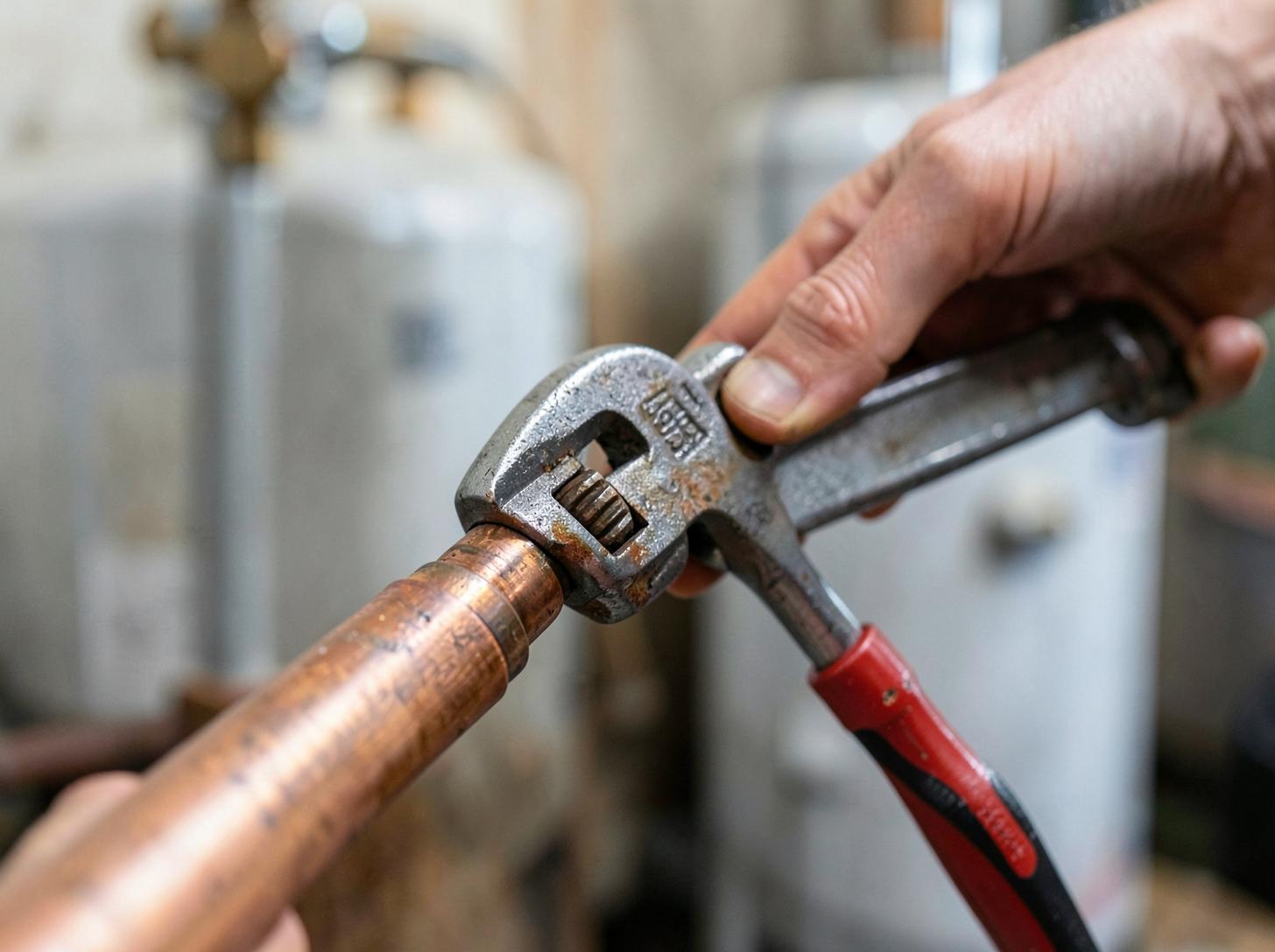 Close-up of a pipe wrench tightening a copper fitting near a water heater