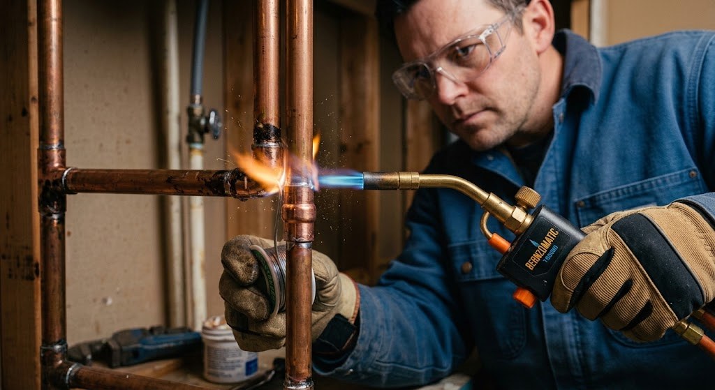 Plumber soldering copper pipes with a blowtorch in a workshop