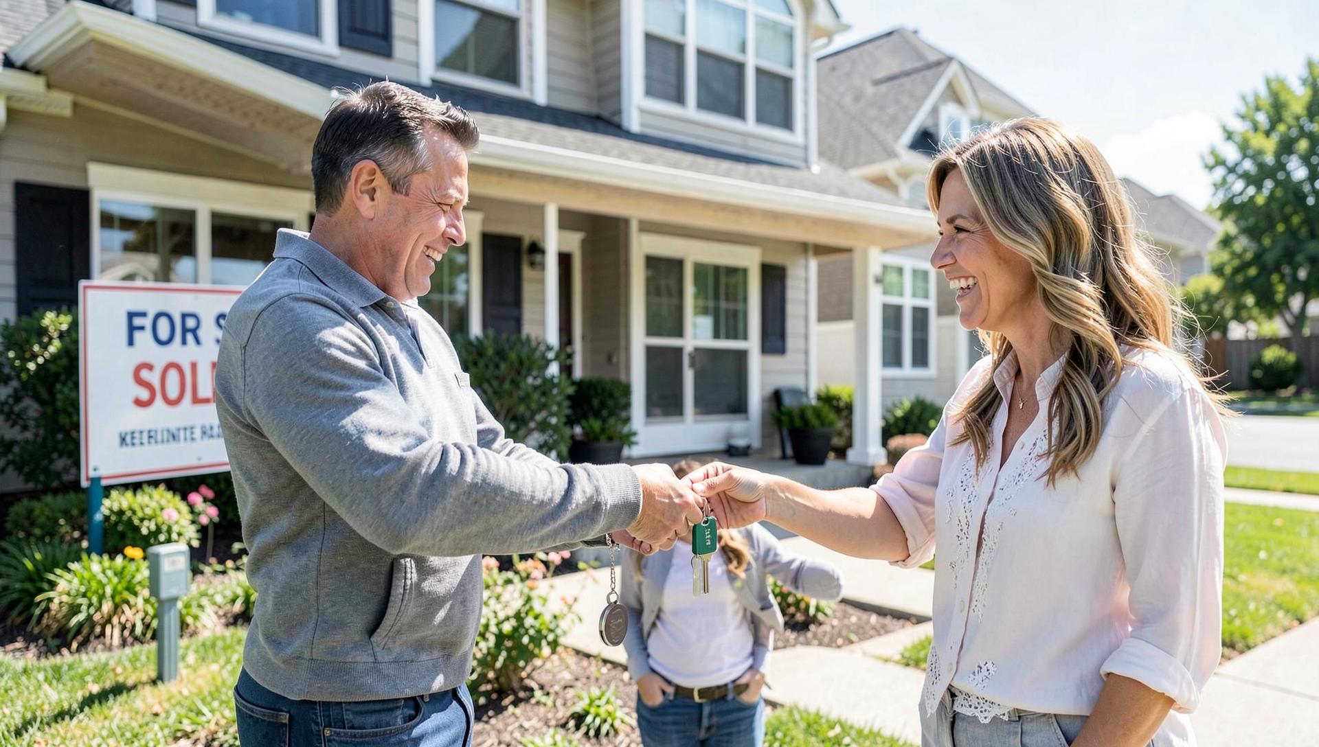 Real estate agent handing keys to a happy couple in front of a sold suburban home
