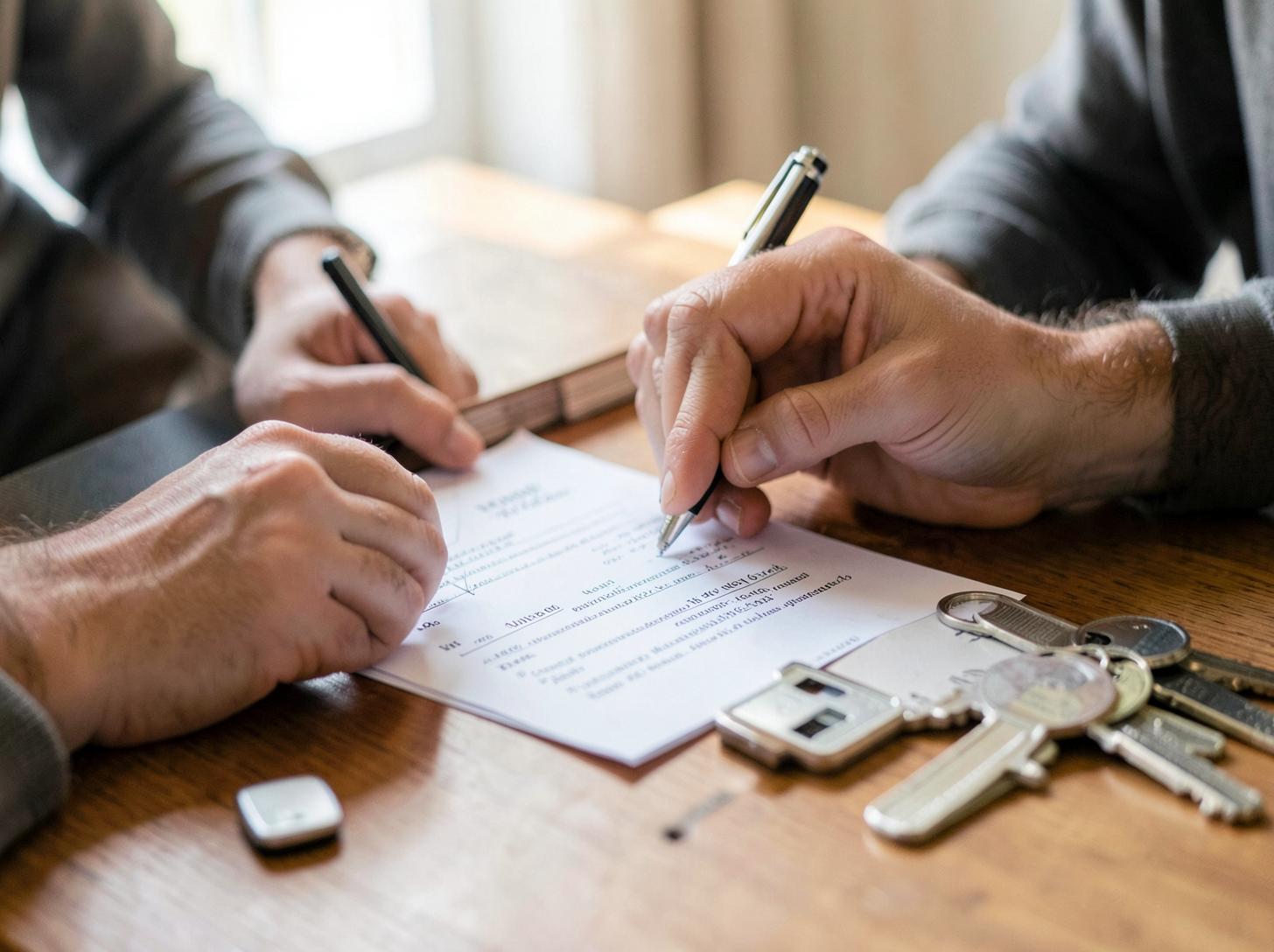 Close-up of hands signing a home purchase agreement beside house keys