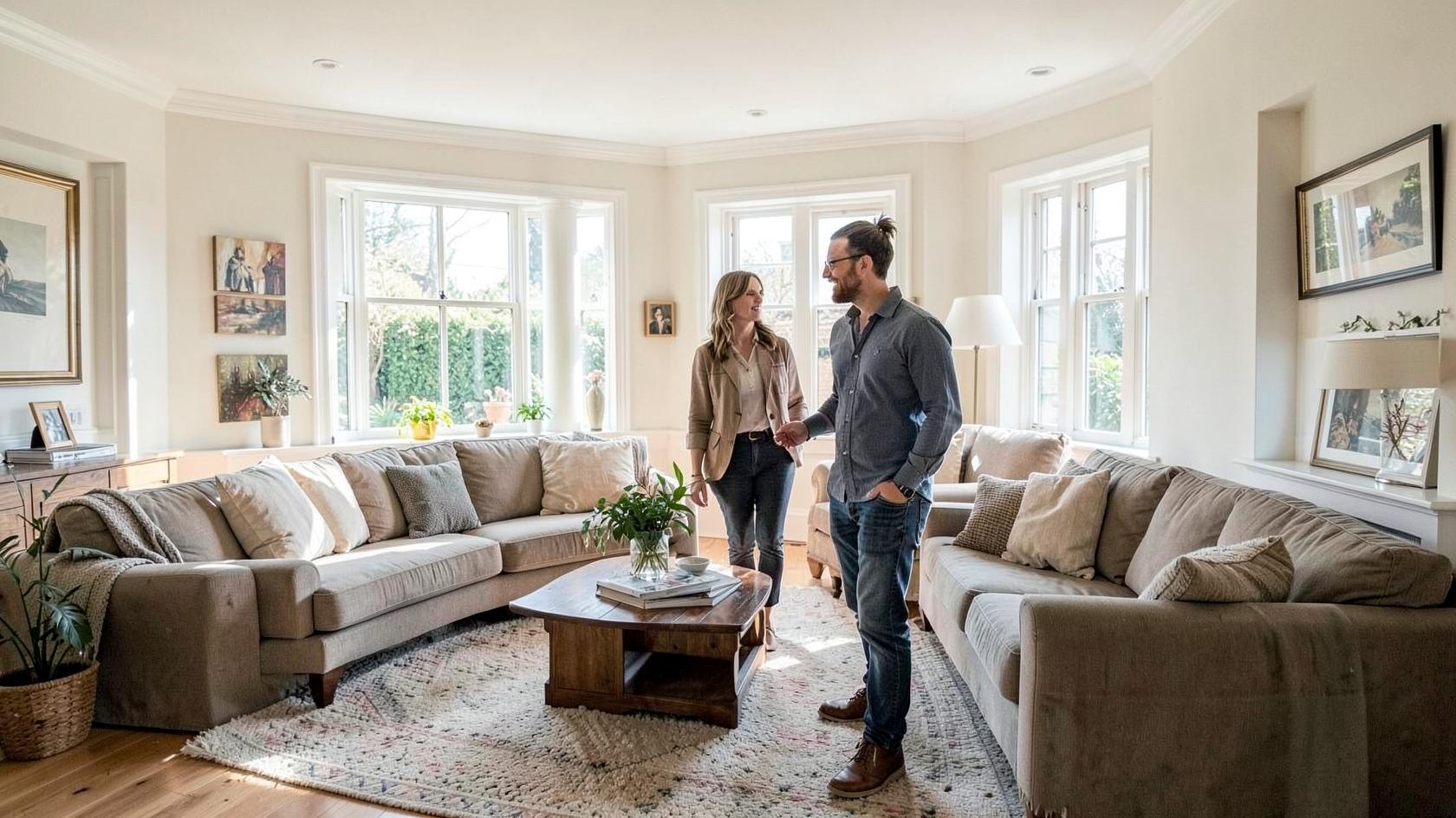 Real estate agent touring a couple through a bright open-plan living room