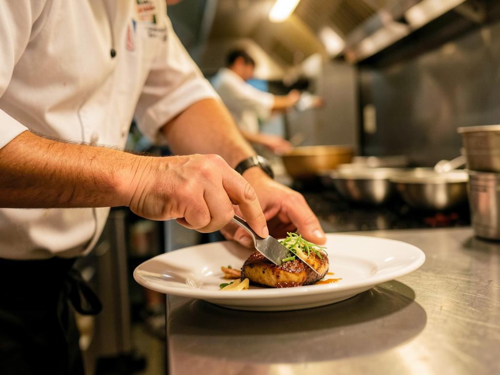 Chef plating a finished dish at the kitchen pass