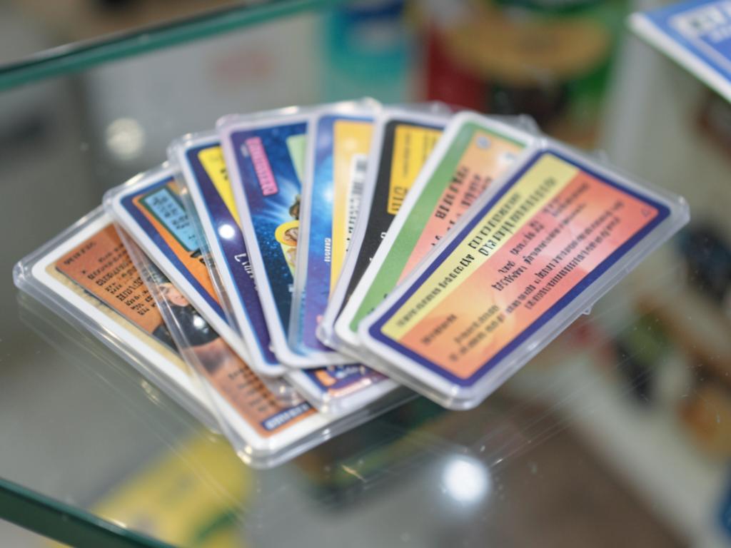 Graded trading cards in protective slabs on a glass counter