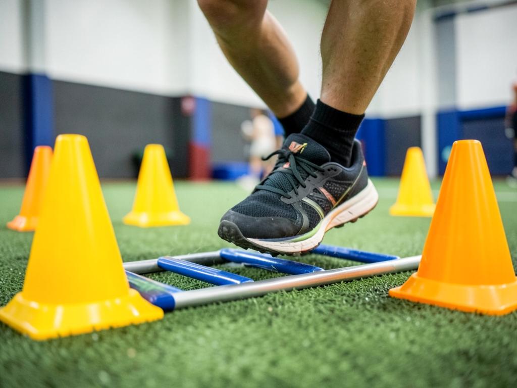 Agility ladder and cones on indoor turf