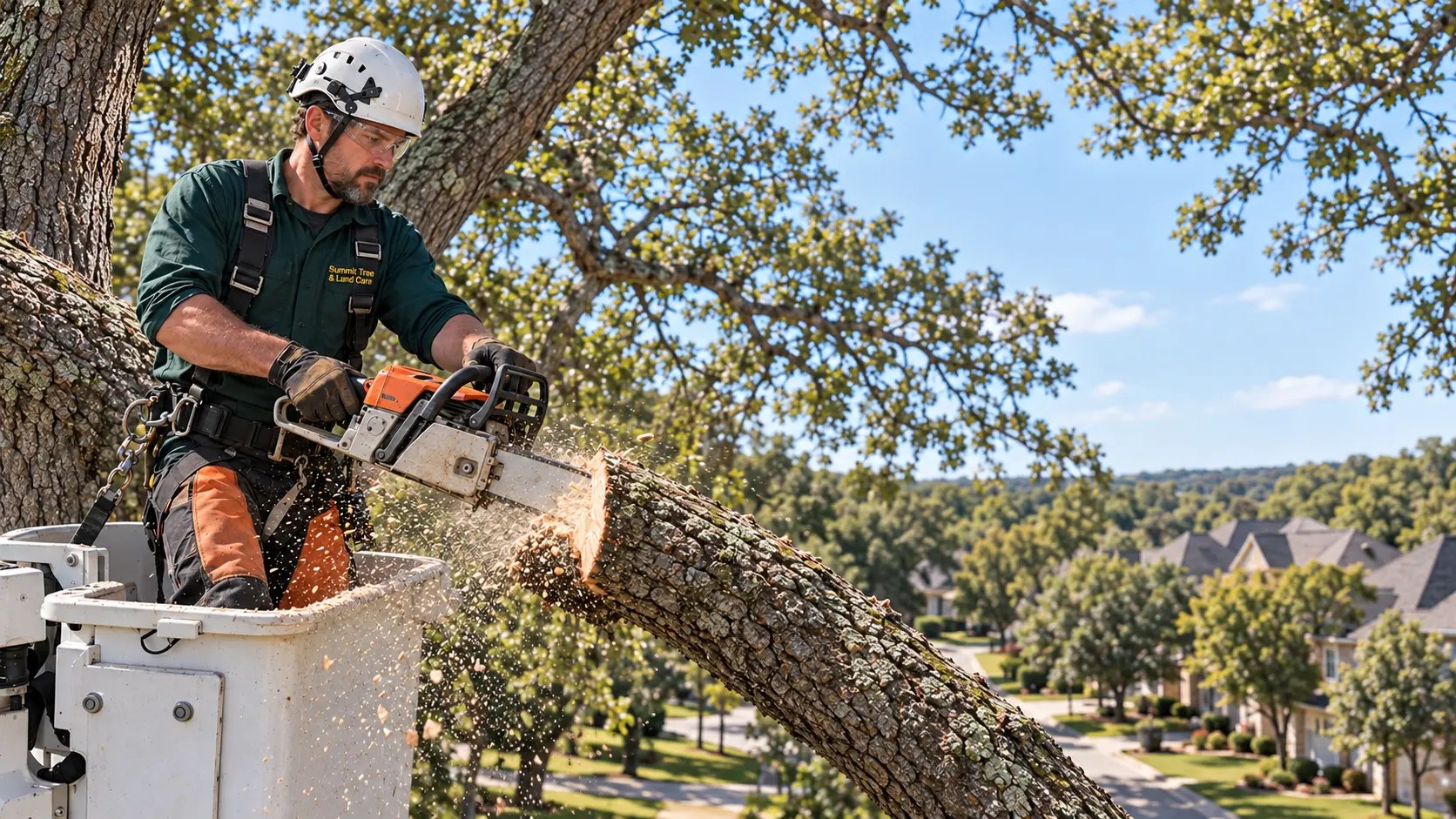 Arborist in a bucket lift cutting a large limb with a chainsaw, sawdust flying